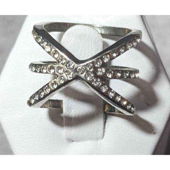Elegant Glam Rhinestone Silver Tone Triple Crossover Ring Size 7 - Picture 1 of 12